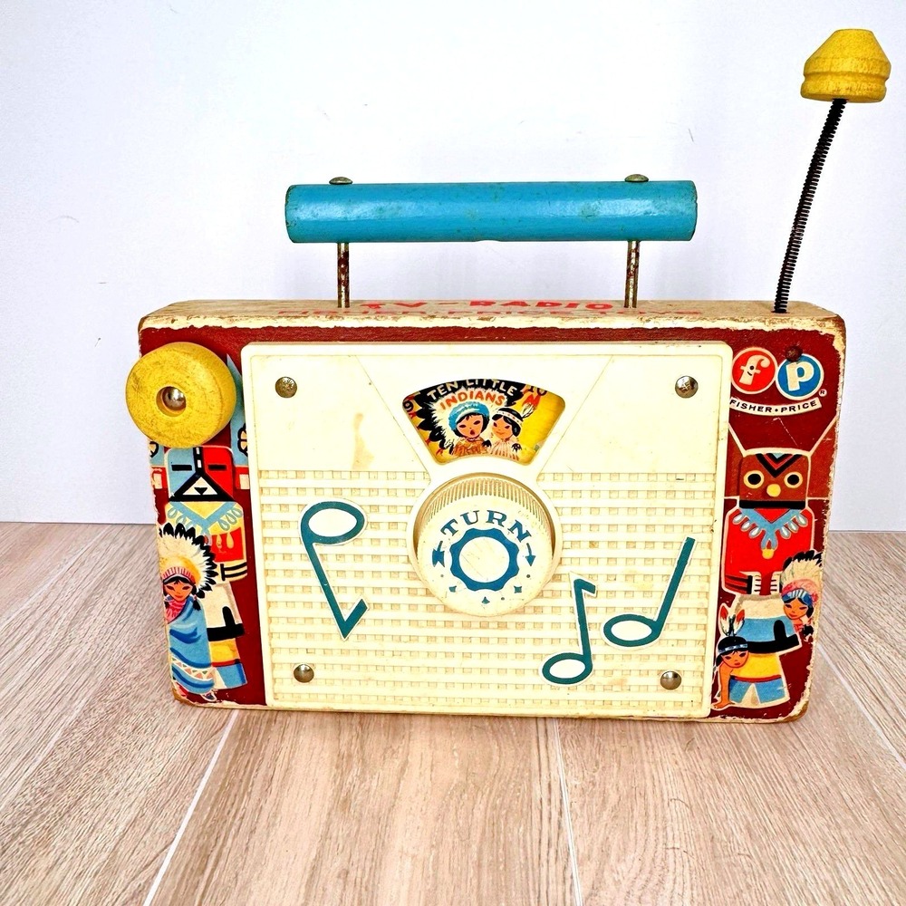 Vintage Tin Litho Toy TV Radio Music Box Little Indians Turn Knob Works